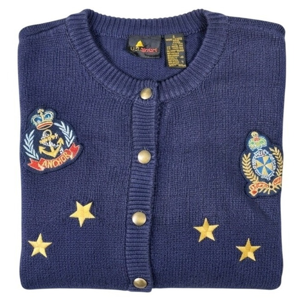 Vintage 80s Lis‎ Sport Navy Cardigan Sweater Nautical Heraldic Patches Size S